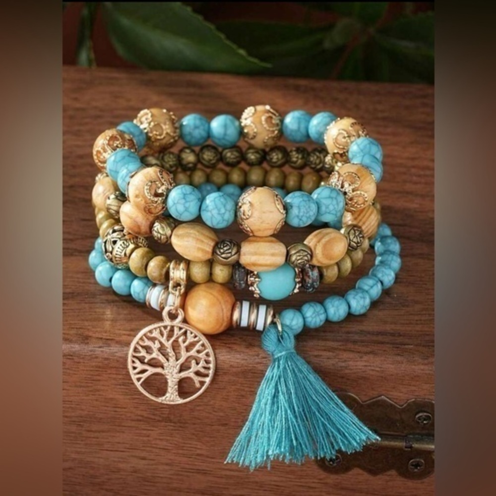 Bohemian Turquoise and Gold Beaded Bracelet Set